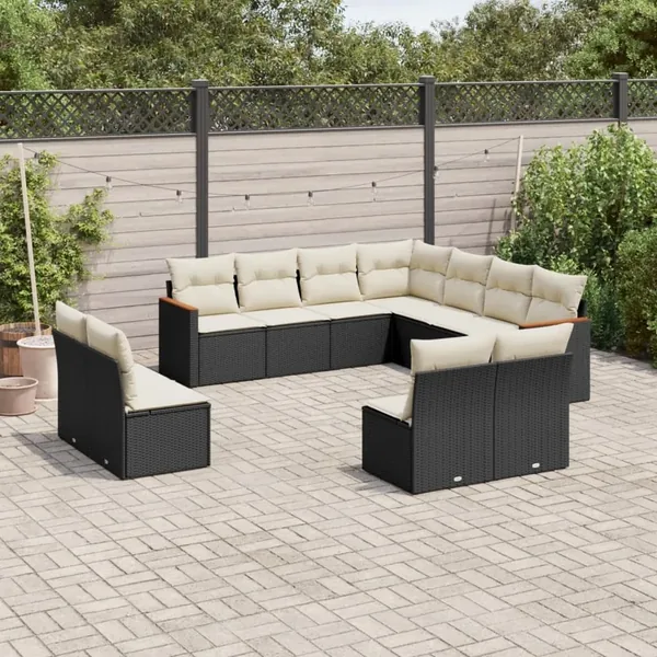 Salon de jardin 11 pcs avec coussins noir résine tressée