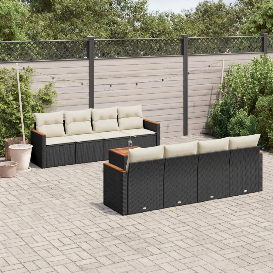 Salon de jardin 9 pcs avec coussins noir résine tressée