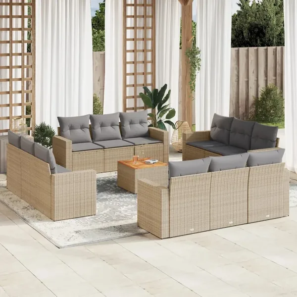 Salon de jardin avec coussins 13 pcs beige résine tressée