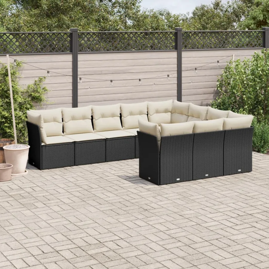 Salon de jardin 10 pcs avec coussins noir résine tressée