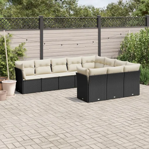 Salon de jardin 10 pcs avec coussins noir résine tressée