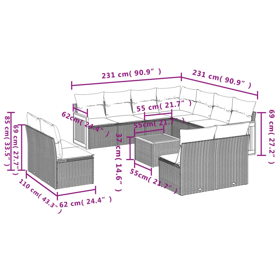 Salon de jardin 12 pcs avec coussins noir résine tressée - 8