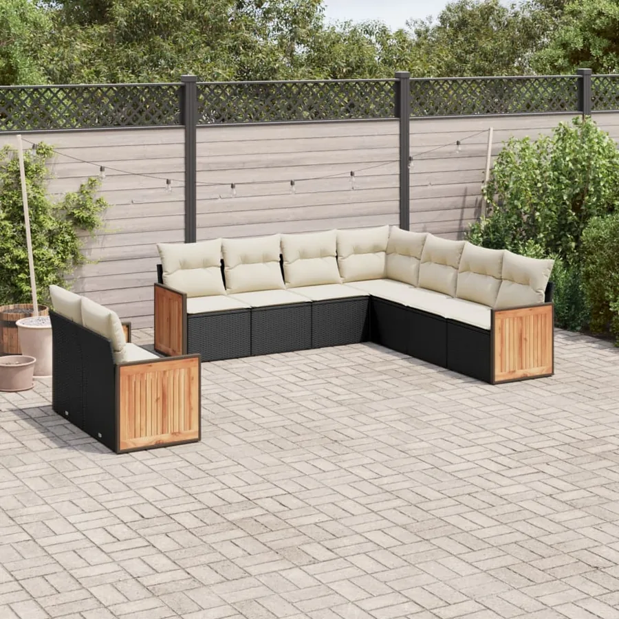 Salon de jardin 9 pcs avec coussins noir résine tressée