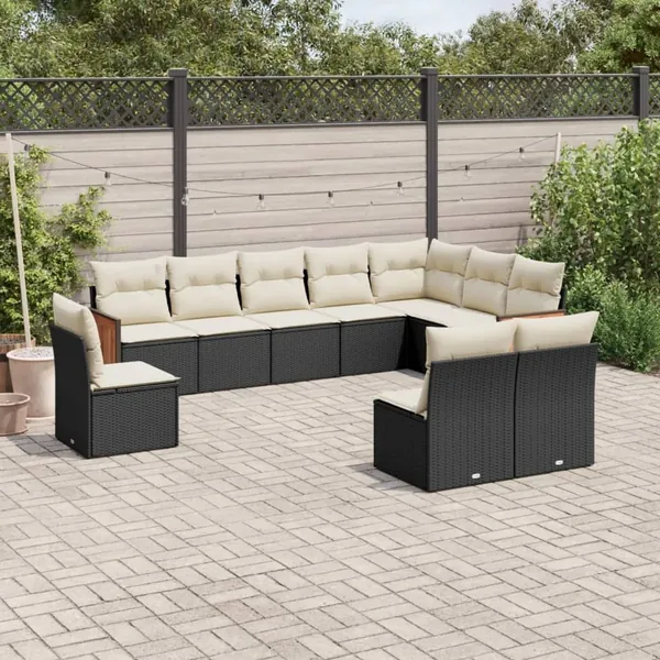 Salon de jardin 10 pcs avec coussins noir résine tressée
