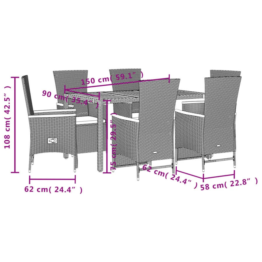 Ensemble à manger de jardin coussins 7pcs Noir Résine tressée - 5