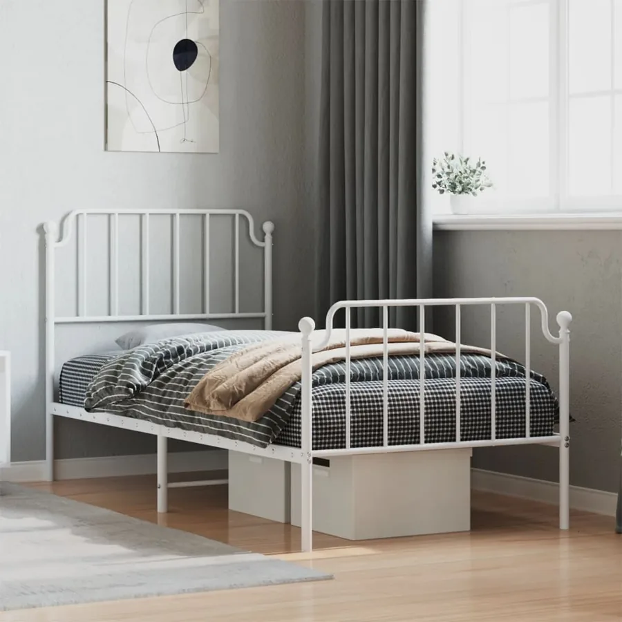 Cadre de lit métal sans matelas avec pied de lit blanc 90x200cm