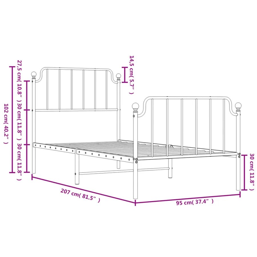 Cadre de lit métal sans matelas avec pied de lit blanc 90x200cm - 9