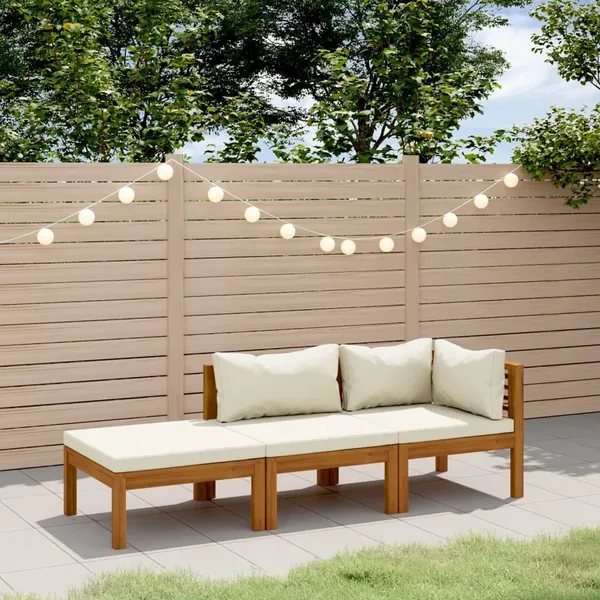 Salon de jardin 3 pcs avec coussin crème Bois d'acacia solide