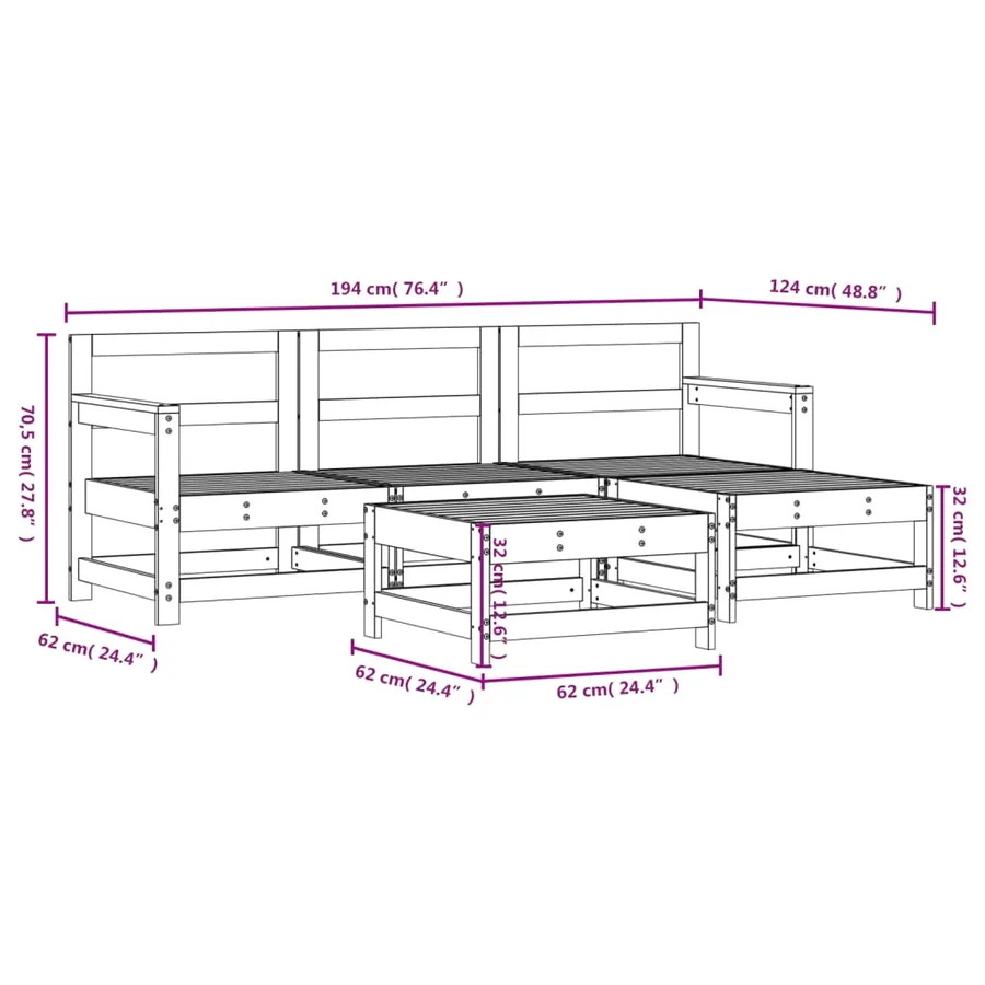Salon de jardin 5 pcs bois massif de pin - 7