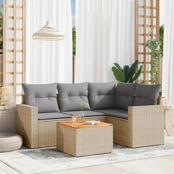 Salon de jardin avec coussins 5 pcs beige résine tressée