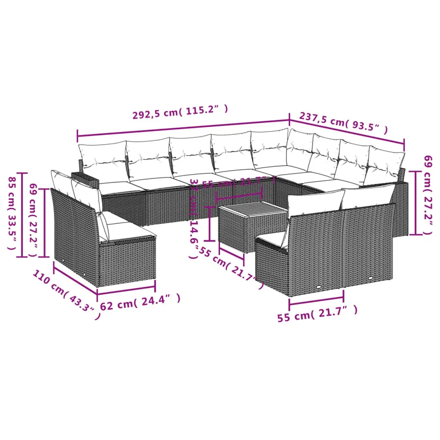 Salon de jardin avec coussins 13 pcs beige résine tressée - 3