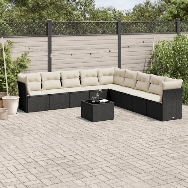 Salon de jardin 10 pcs avec coussins noir résine tressée