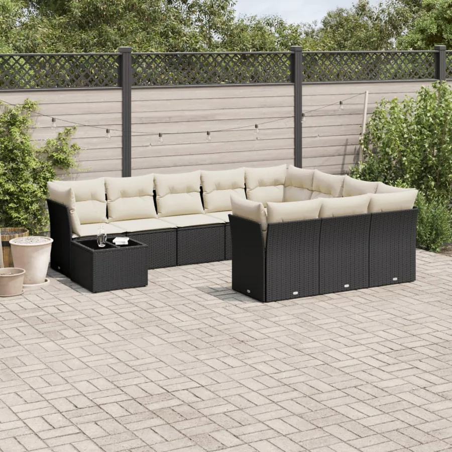 Salon de jardin 11 pcs avec coussins noir résine tressée