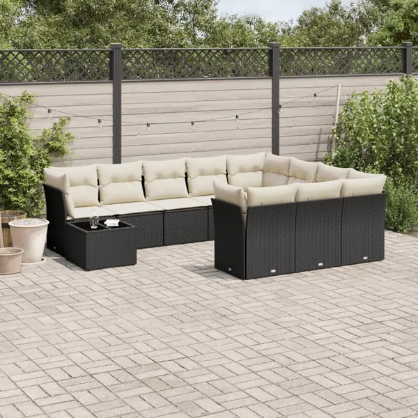 Salon de jardin 11 pcs avec coussins noir résine tressée