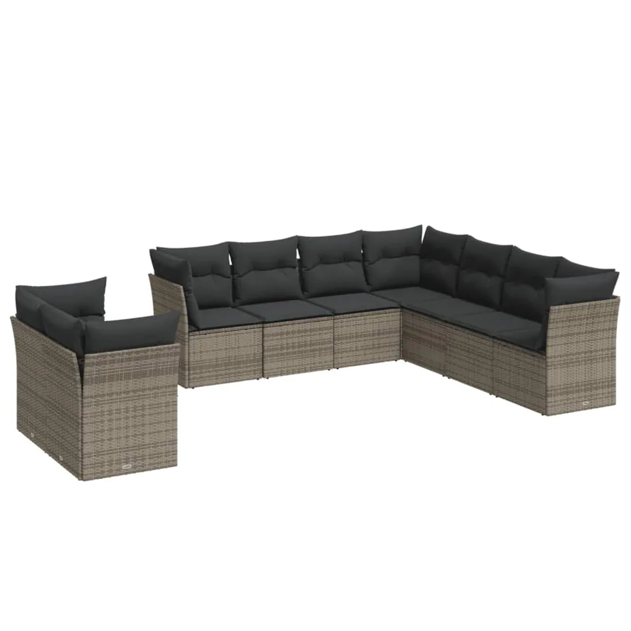 Salon de jardin 9 pcs avec coussins gris résine tressée - 2