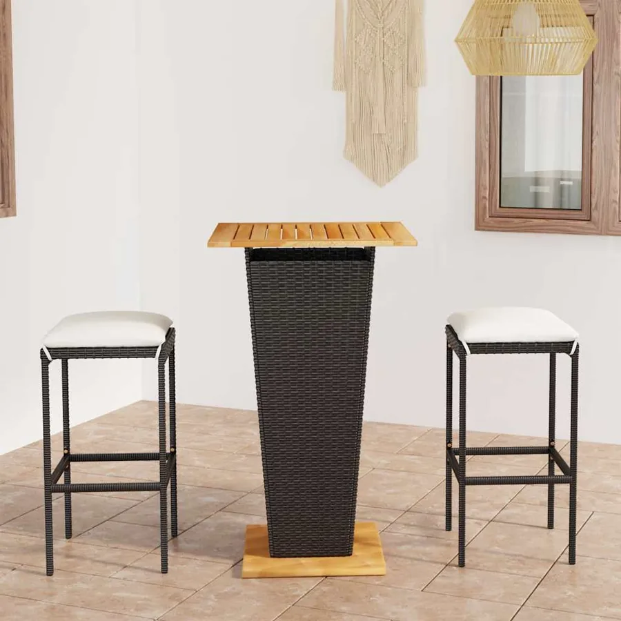 Ensemble de bar de jardin 3 pcs et coussins Résine tressée Noir
