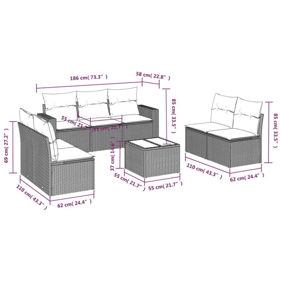 Salon de jardin avec coussins 8 pcs beige résine tressée - 3
