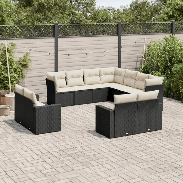 Salon de jardin 11 pcs avec coussins noir résine tressée