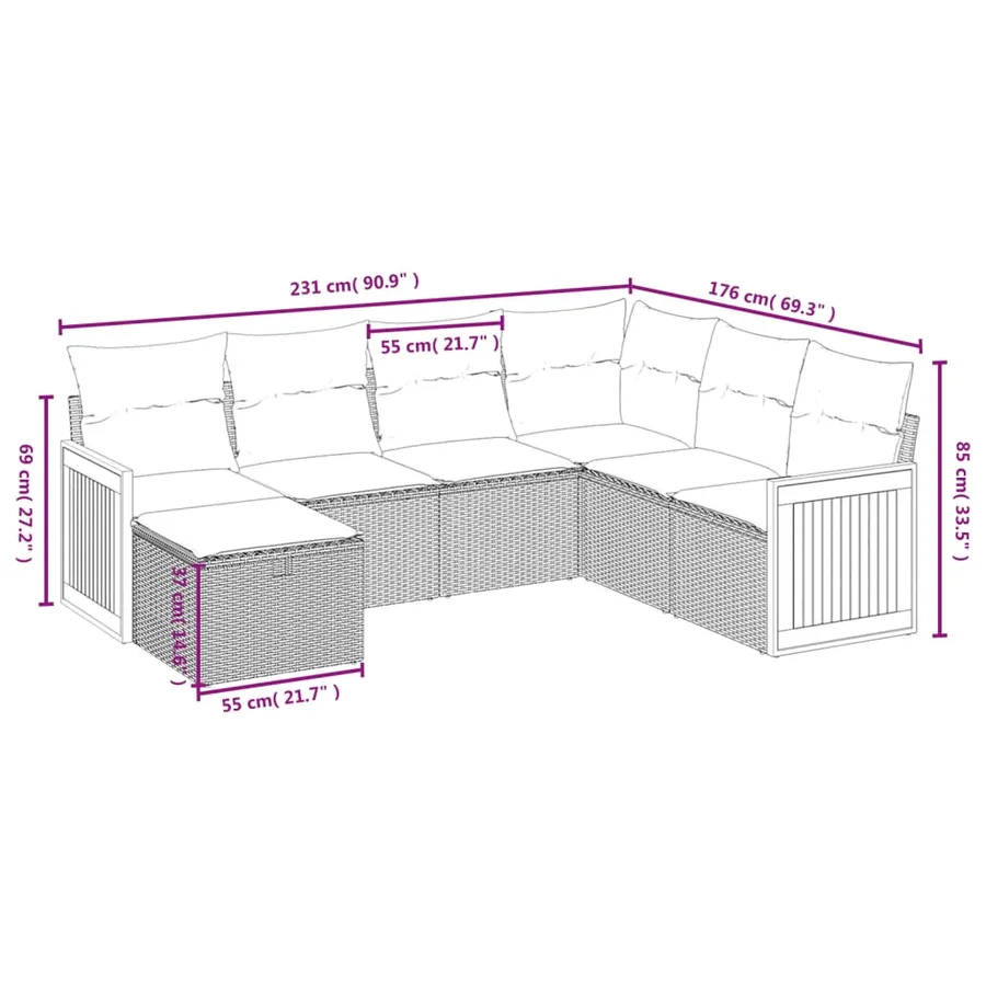 Salon de jardin 7 pcs avec coussins noir résine tressée 62 x 62 x 69 cm - 57,4 kg - 4