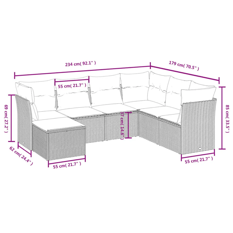 Salon de jardin 7 pcs avec coussins noir résine tressée 62 x 62 x 69 cm - 55,8 kg - 4