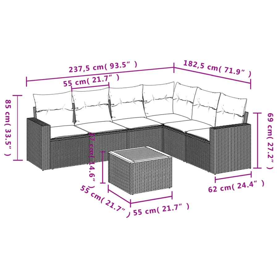 Salon de jardin 7 pcs avec coussins noir résine tressée 65,5 x 62 x 69 cm - 55,0 kg - 3