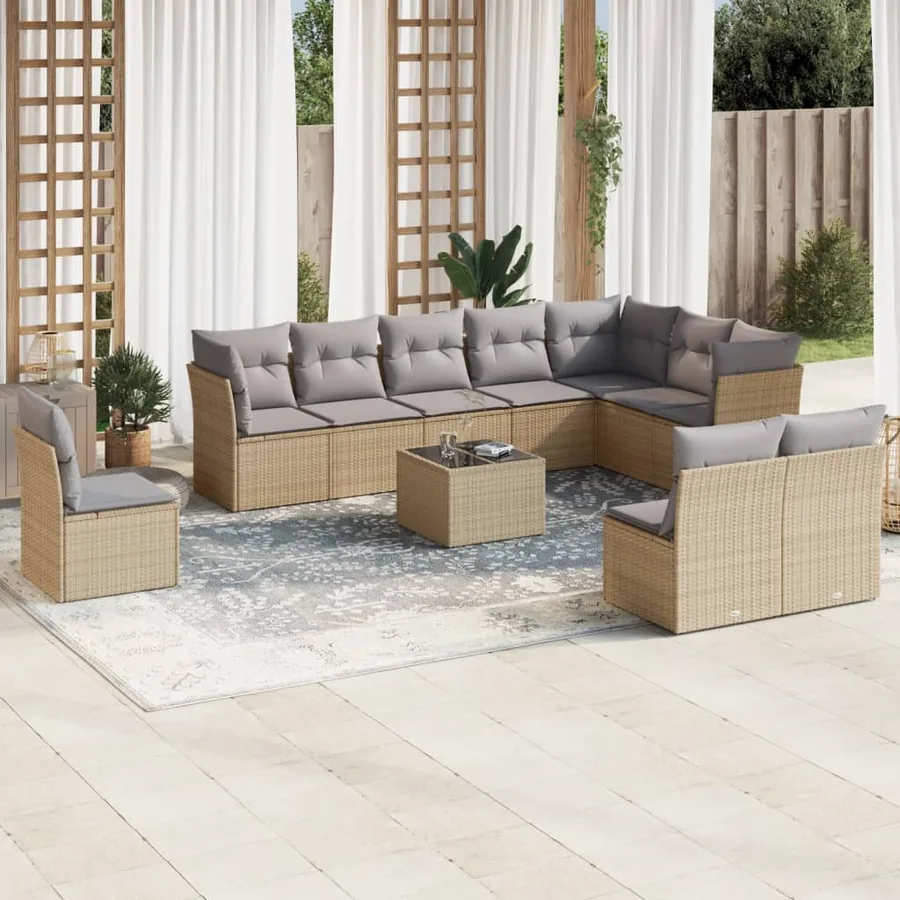 Salon de jardin 11 pcs avec coussins beige résine tressée