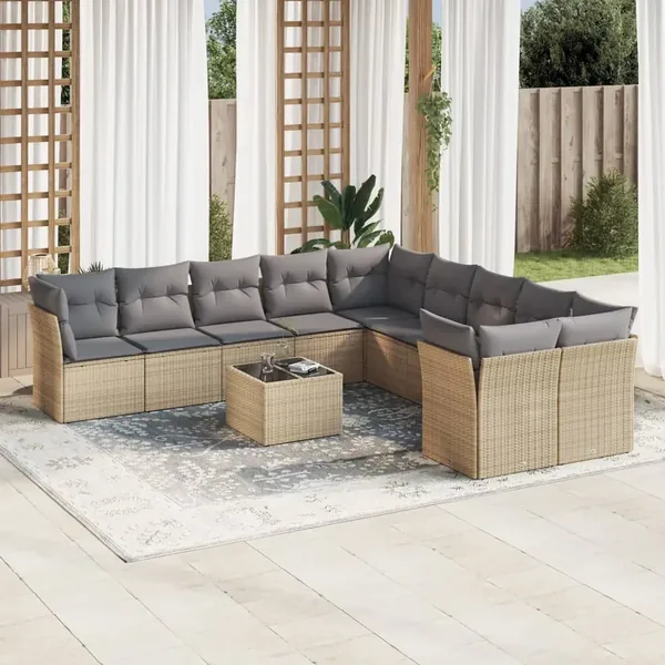 Salon de jardin 11 pcs avec coussins beige résine tressée
