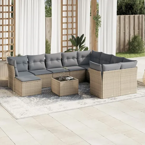 Salon de jardin 11 pcs avec coussins beige résine tressée