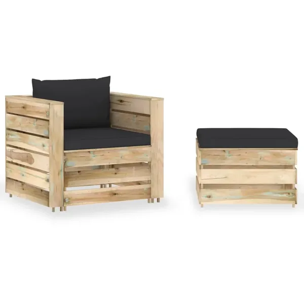 Salon de jardin 2 pcs avec coussins Bois imprégné de vert