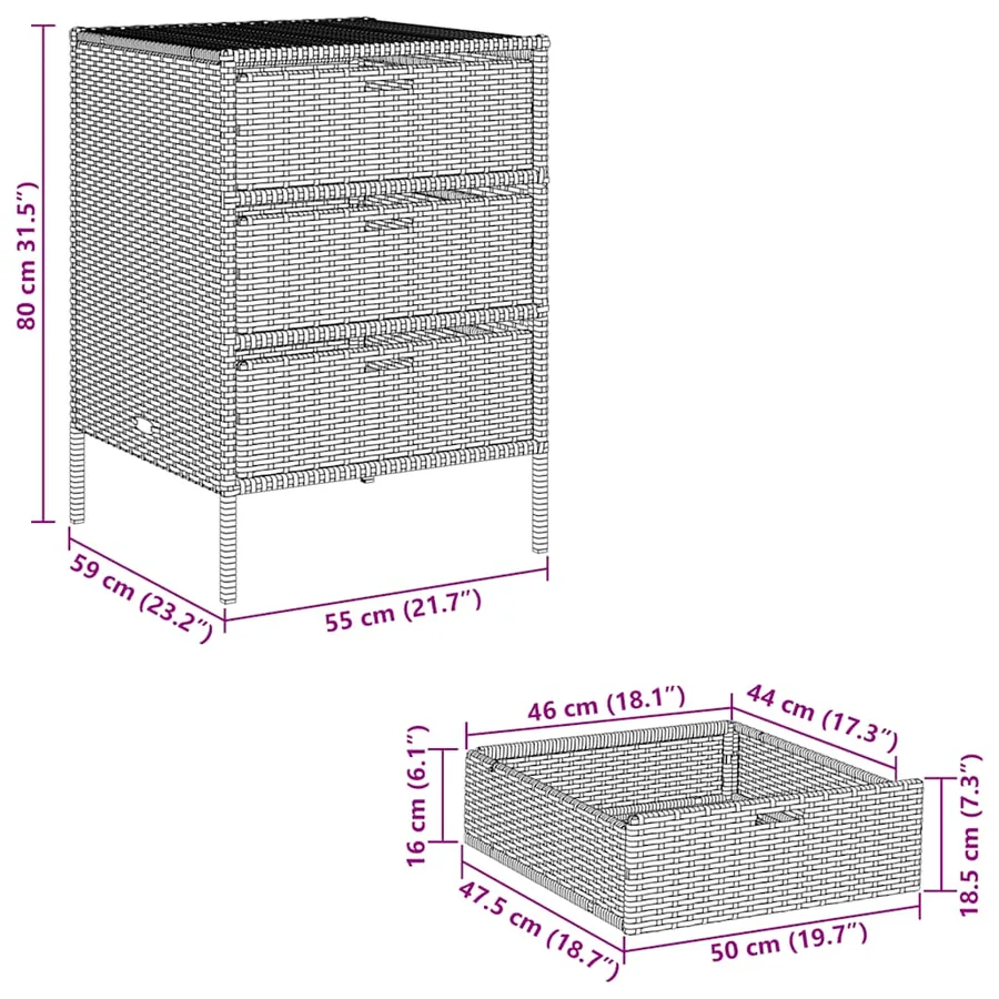 Armoire de rangement de jardin et 3 tiroirs gris résine tressée - 11