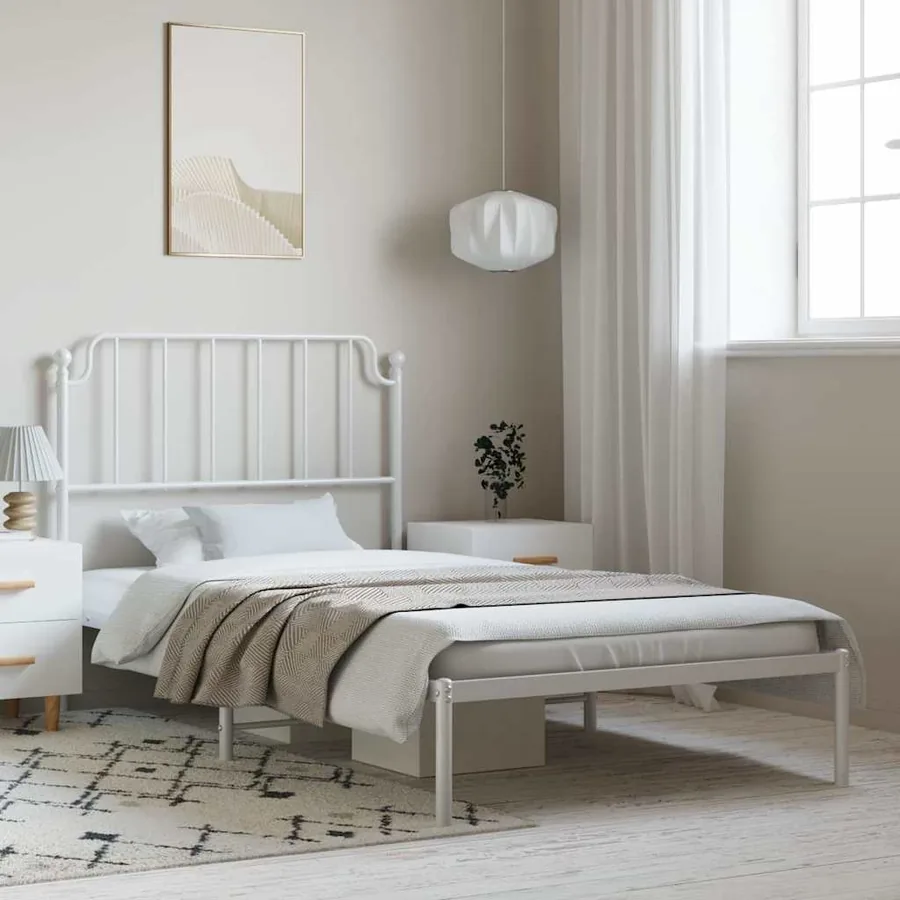 Cadre de lit métal sans matelas et tête de lit blanc 100x190 cm