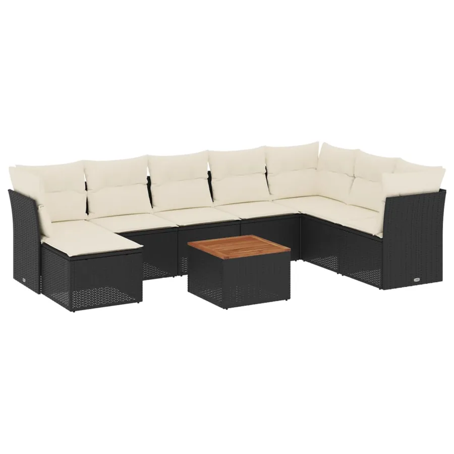 Salon de jardin 9 pcs avec coussins noir résine tressée - 2