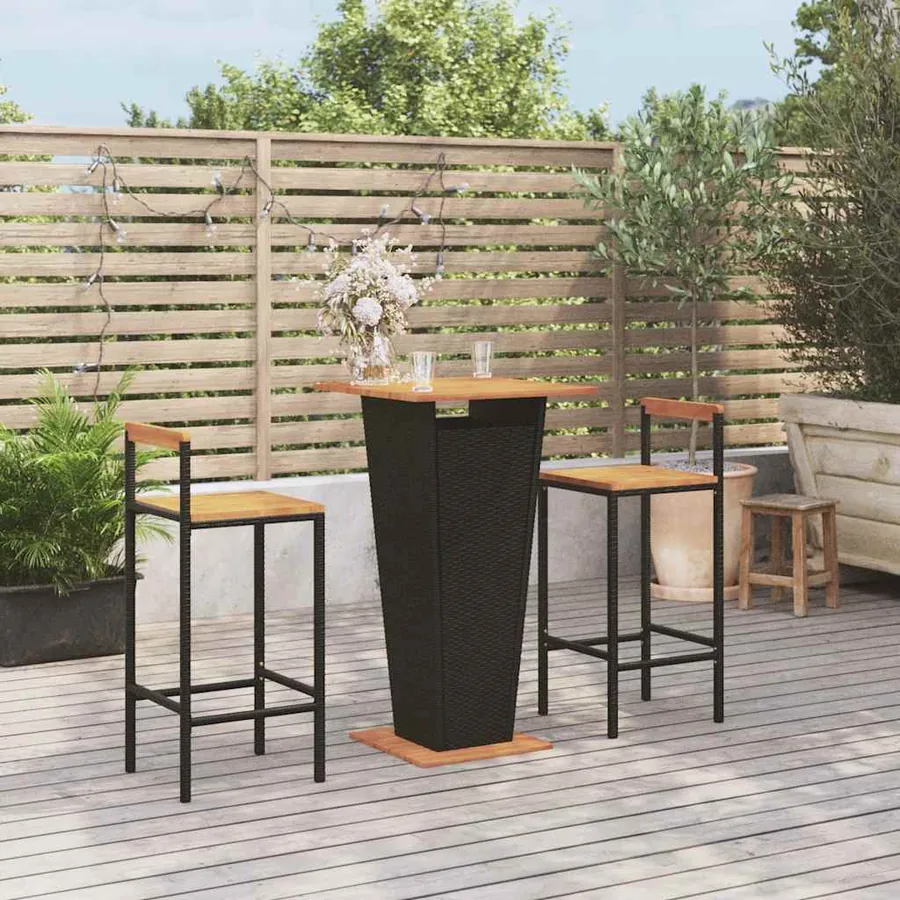 Ensemble de bar jardin 3 pcs noir poly rotin/bois massif acacia