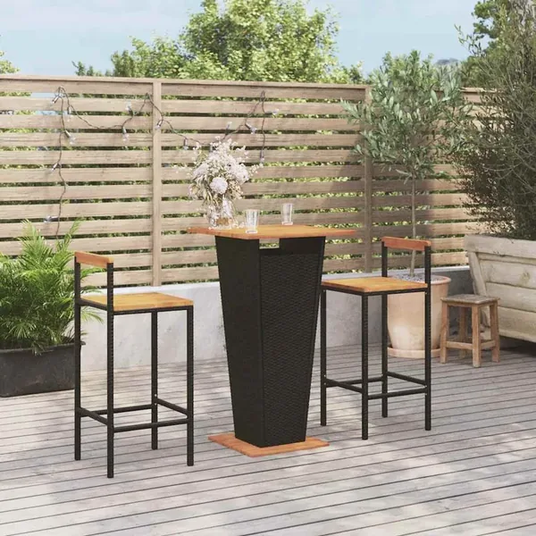 Ensemble de bar jardin 3 pcs noir poly rotin/bois massif acacia