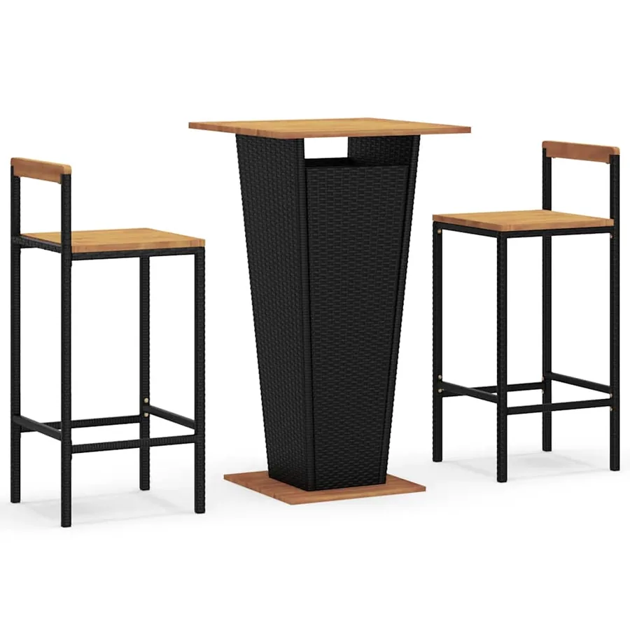 Ensemble de bar jardin 3 pcs noir poly rotin/bois massif acacia - 2