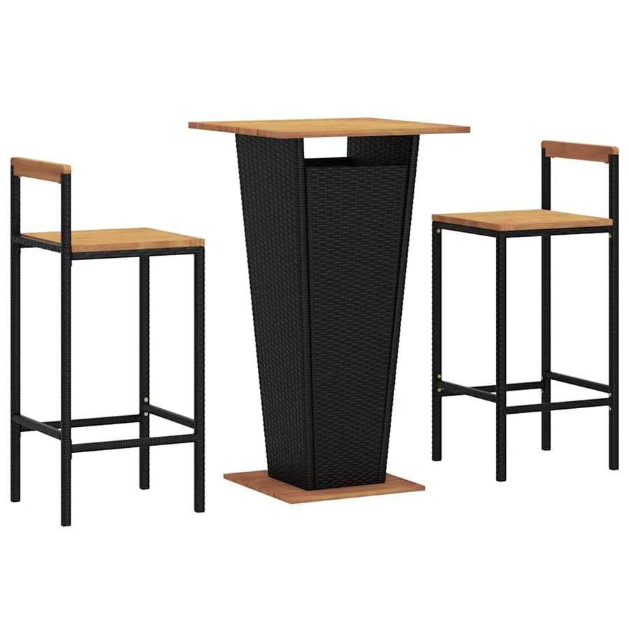 Ensemble de bar jardin 3 pcs noir poly rotin/bois massif acacia - 3