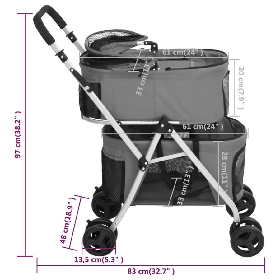 Poussette pour chien pliante à 2 niveaux Gris 83x48x97 cm - 14