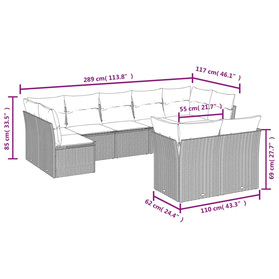 Salon de jardin 9 pcs avec coussins gris résine tressée - 3