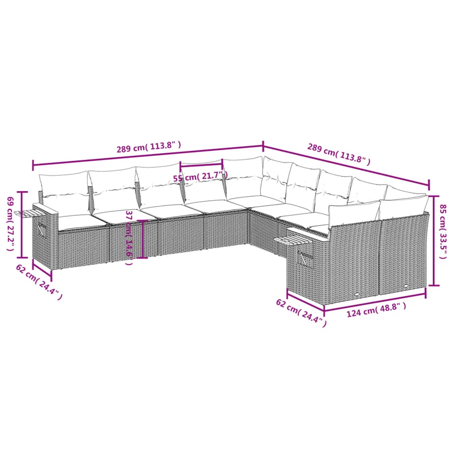 Salon de jardin avec coussins 10 pcs beige résine tressée - 7