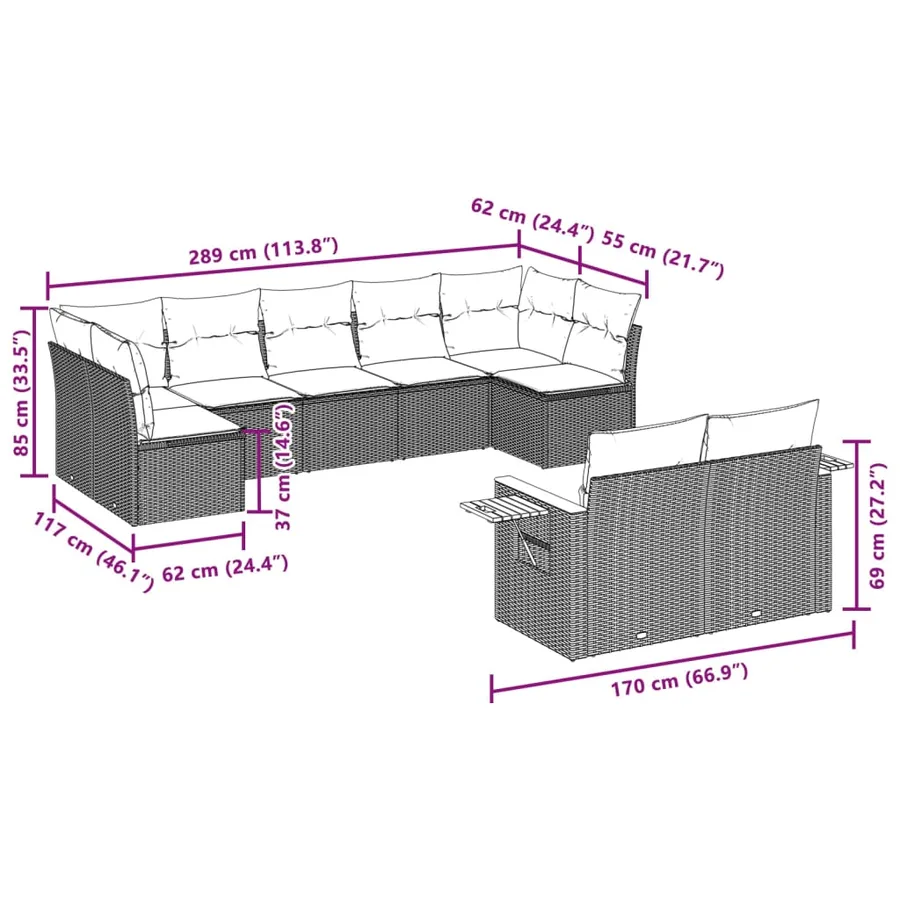 Salon de jardin avec coussins 9 pcs beige résine tressée - 8