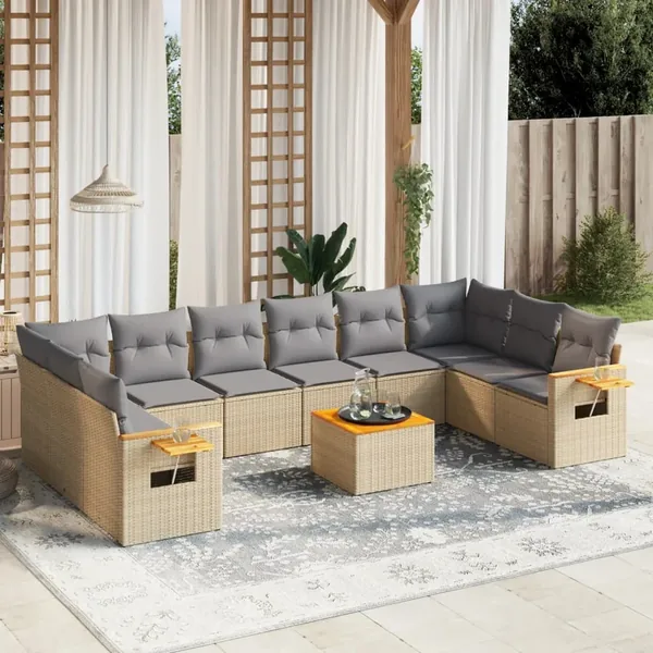 Salon de jardin 11 pcs avec coussins beige résine tressée