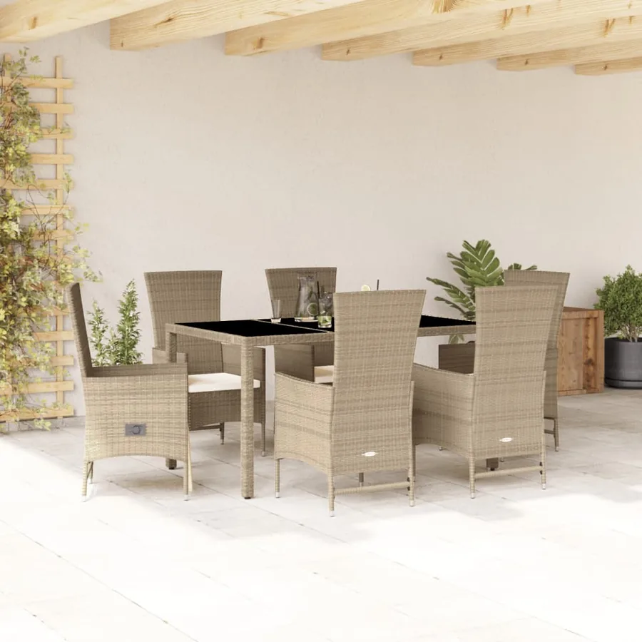Ensemble à manger de jardin et coussins 7 pcs beige poly rotin