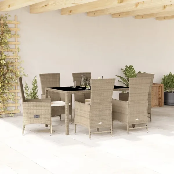 Ensemble à manger de jardin et coussins 7 pcs beige poly rotin