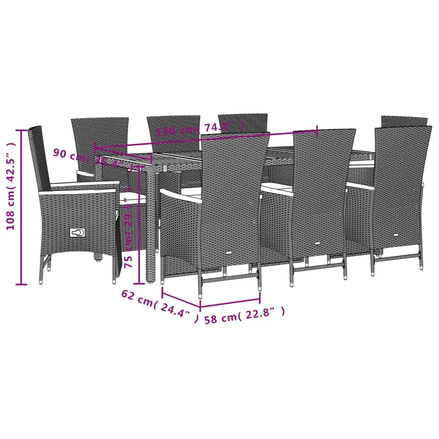 Ensemble à manger de jardin 9pcs coussins noir résine tressée - 5