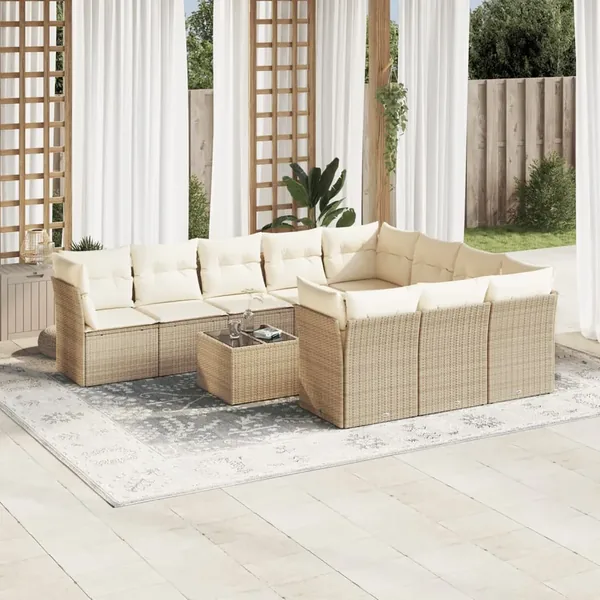 Salon de jardin 11 pcs avec coussins beige résine tressée