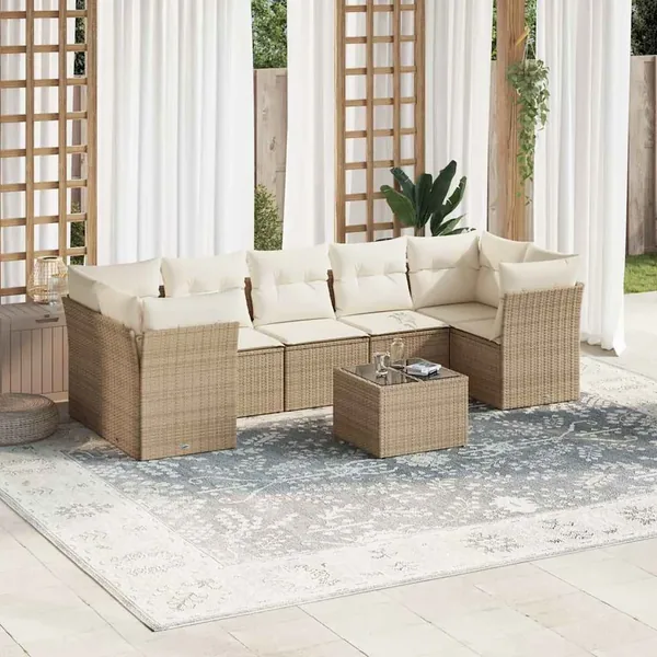 Salon de jardin avec coussins 8 pcs beige résine tressée