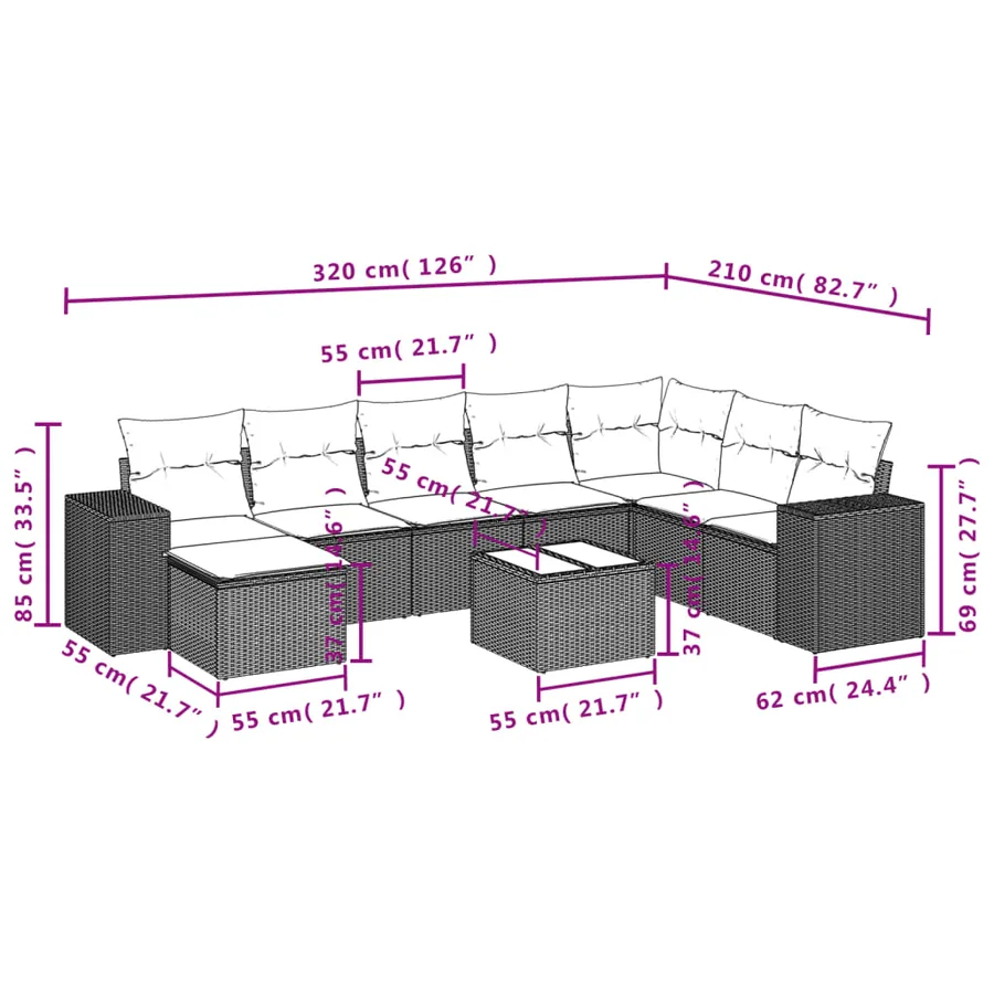 Salon de jardin avec coussins 9 pcs beige résine tressée - 9