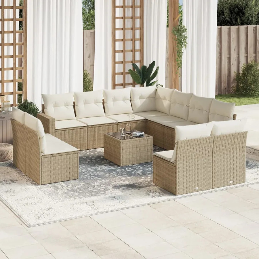 Salon de jardin avec coussins 12 pcs beige résine tressée