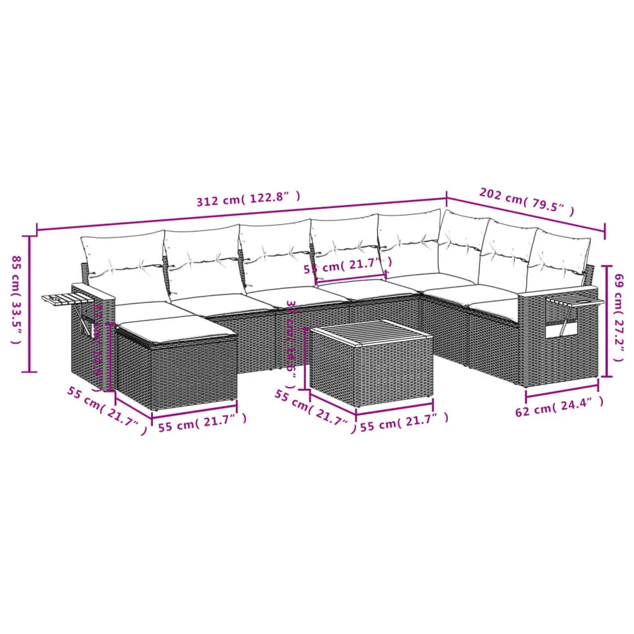 Salon de jardin avec coussins 9 pcs beige résine tressée - 10