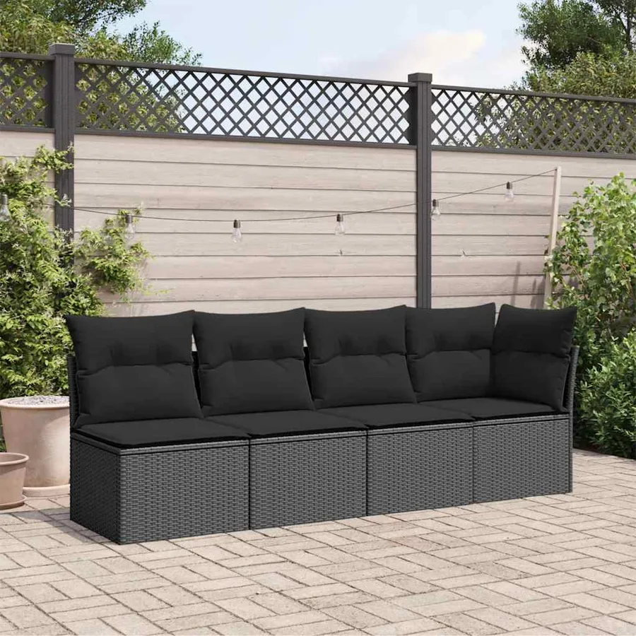 Canapé de jardin avec coussins 4 places en polyrotin noir - 3